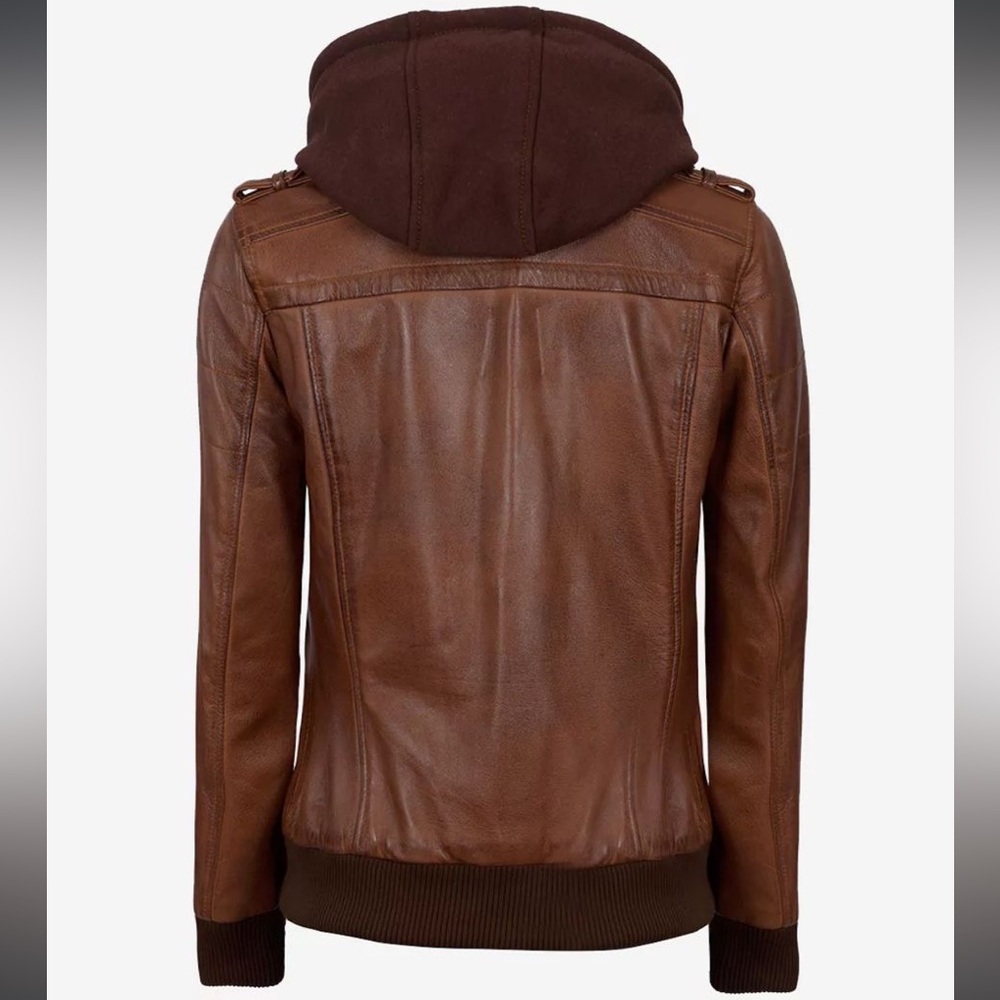 Women’s Brown Lambskin Leather Hooded Bomber Jacket - Picture 4 of 11